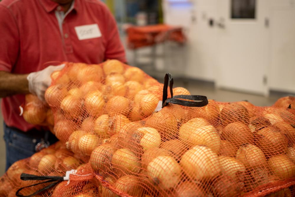 A 40-pound bag of onions handled by a volunteer