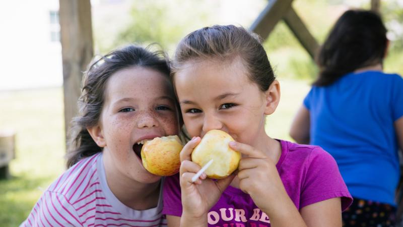 Two children eating apples