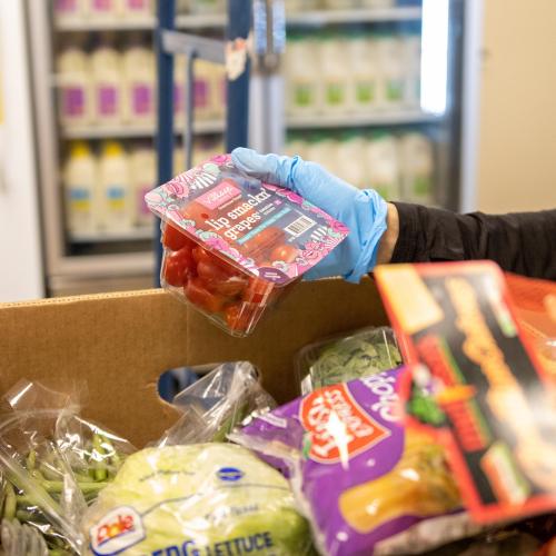 A hand grabs a carton of tomatoes and other fresh food in a box