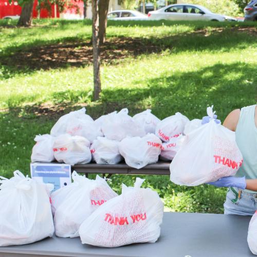 A volunteer hands out bags of food in a park