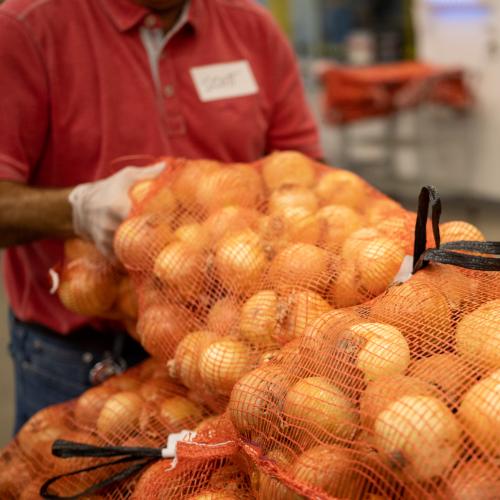 A 40-pound bag of onions handled by a volunteer