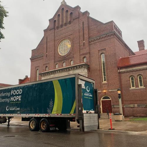 A Second Harvest Heartland Trailer outside of a church