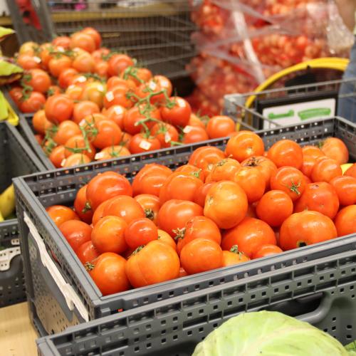 Red tomatoes in a bin