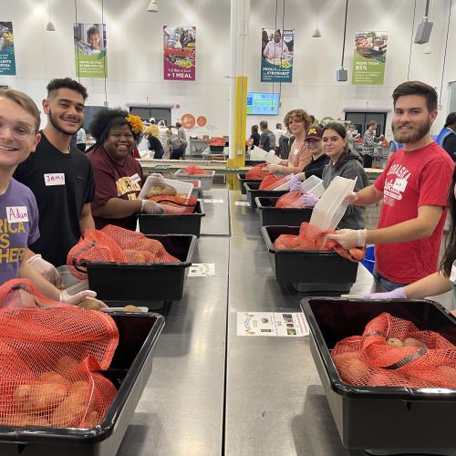 A group of students pack potatoes at a volunteer center