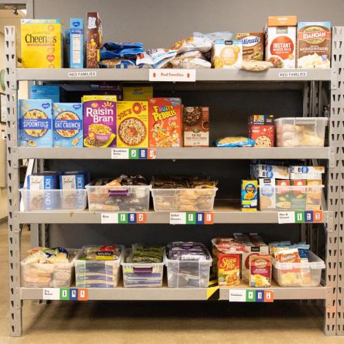 Shelfs of food at a food pantry