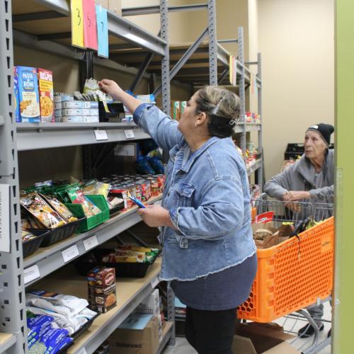Yvette reaching for an item on the shelf and Carola standing at a shopping cart at Hastings Family Service