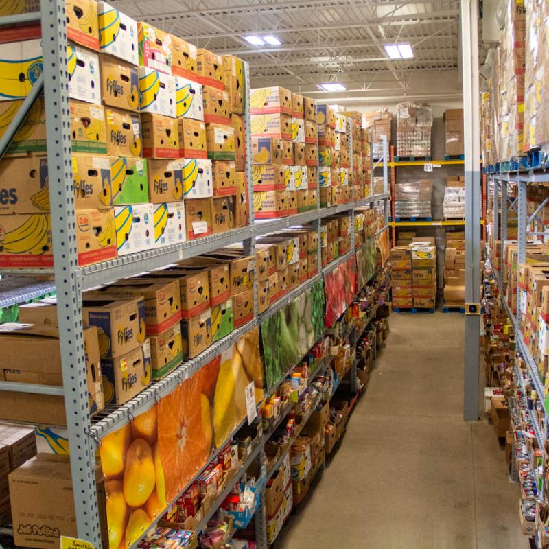 Shelves full of boxes at a food shelf