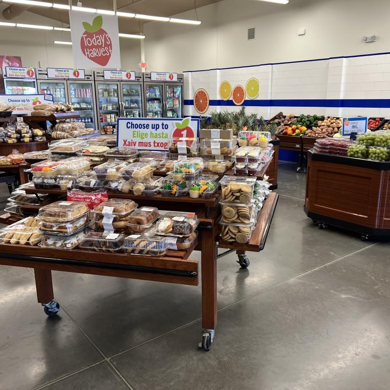 Tables of food at food shelf