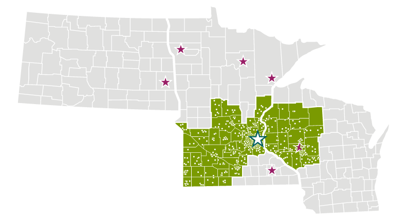 A map of Minnesota, Wisconsin, and North Dakota with counties indicated by color