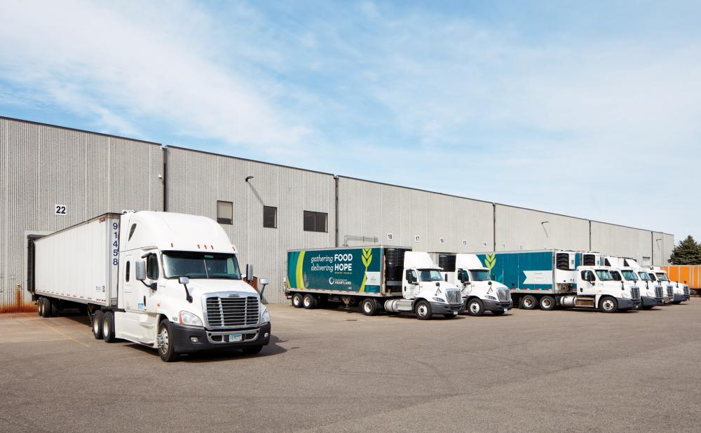 Second Harvest Heartland trucks line up outside loading docks - Credit Corey Gaffer