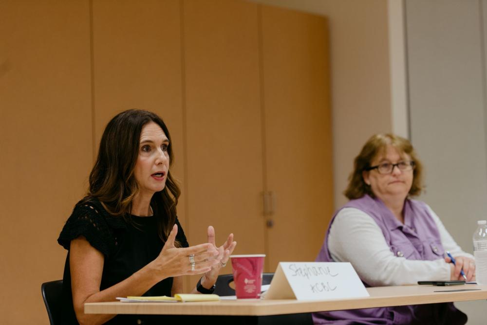 Stephanie Lehman, executive director at Anoka County Brotherhood Council (ACBC), discusses Farm Bill priorities at the session in Monticello. 