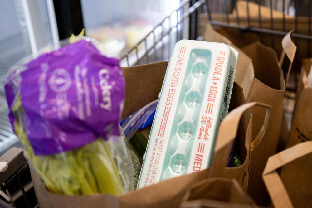 Eggs and celery in a paper grocery bag