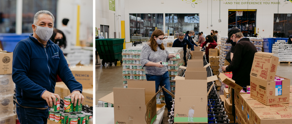 Collage of two photos of volunteers packing food in Volunteer Center 