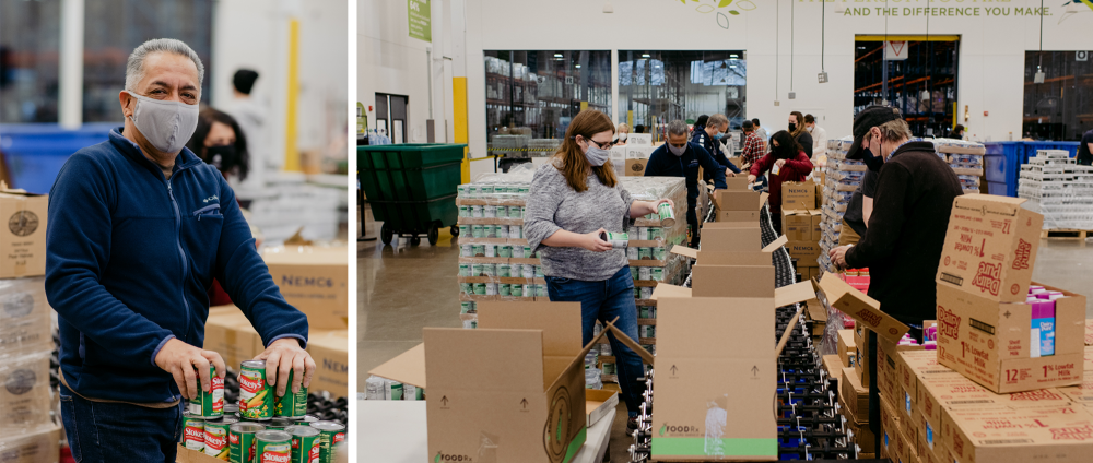 Collage of two photos of volunteers packing food in Volunteer Center