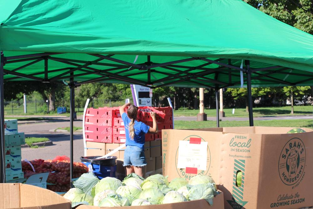 A volunteer sets up tents at a food distribution event