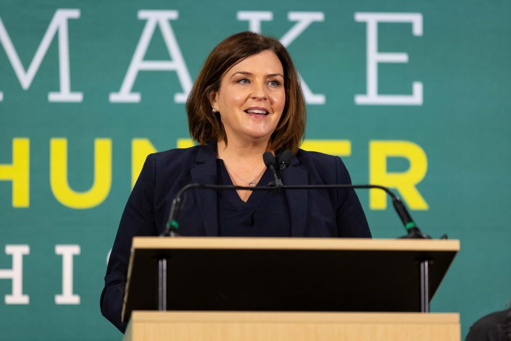 Second Harvest Heartland CEO, Allison O'Toole speaks at a podium