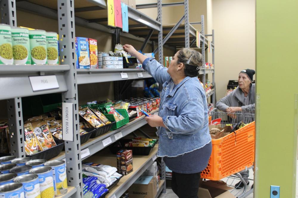 Yvette and Carola shopping at Hastings Family Service Yvette reaching for an item on the shelf and Carola standing at a shopping cart at Hastings Family Service