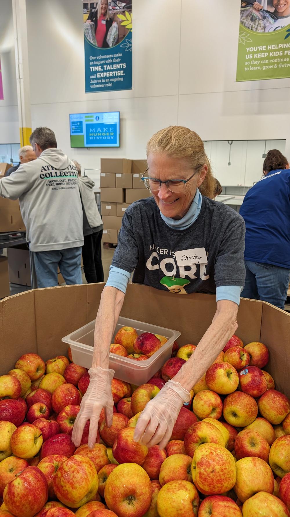 Shirley sorting apples at a volunteer shift