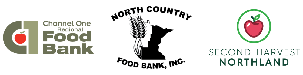 Logos for Channel One, North Country, and Second Harvest Northland Food Banks