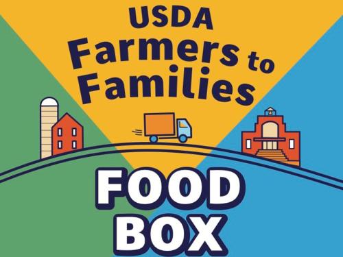 USDA Farmers to Families Food Box graphic with cartoon truck going from farm to school