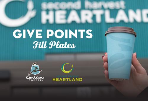 Caribou Coffee cup with Caribou and Second Harvest logo
