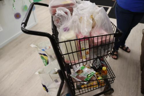 Pam's groceries in a shopping cart