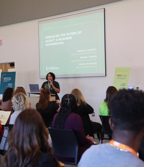 Second Harvest Heartland’s Director of Community Partnerships addresses food bankers at the Feed Nourish Connect Conference