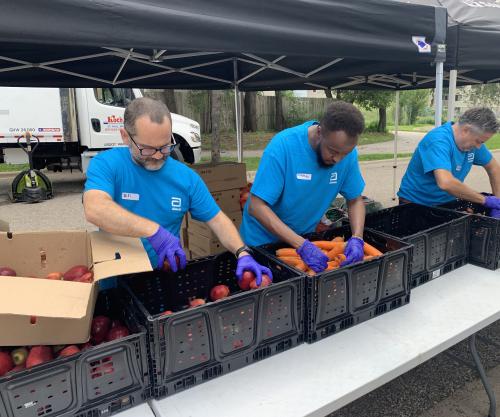 Abbott volunteers at CUHCC Three people in blue shirts sorting produce