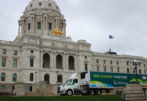A Second Harvest Heartland semitruck in front of the Minnesota State Capitol